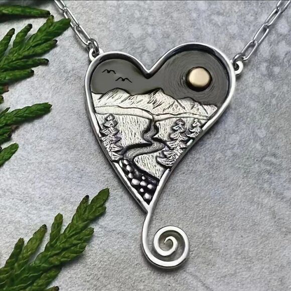 Pendant Necklace with River, Mountains, Sun on Heart #401 - Picture 1 of 11